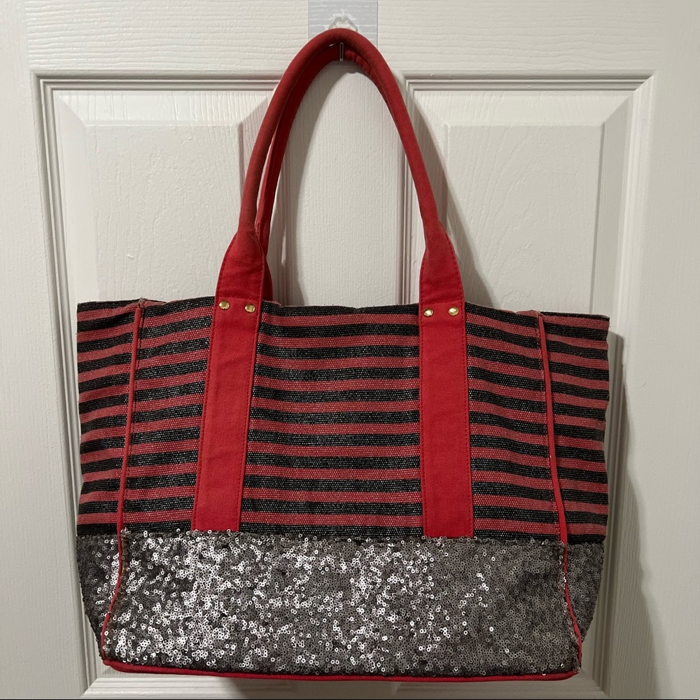 Deux Lux Pink Striped Sequin Metallic Tote Bag